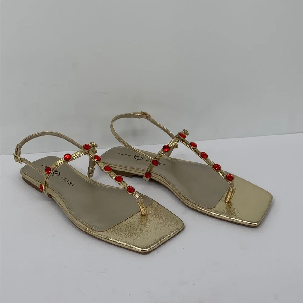 Katy Perry Camie Gemstone sandal shoe gold metallic red t-strap flat ruby new 10